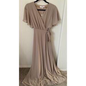 Arbor Beige/Mushroom Wrap Dress with Flutter Sleeve Size L NWT